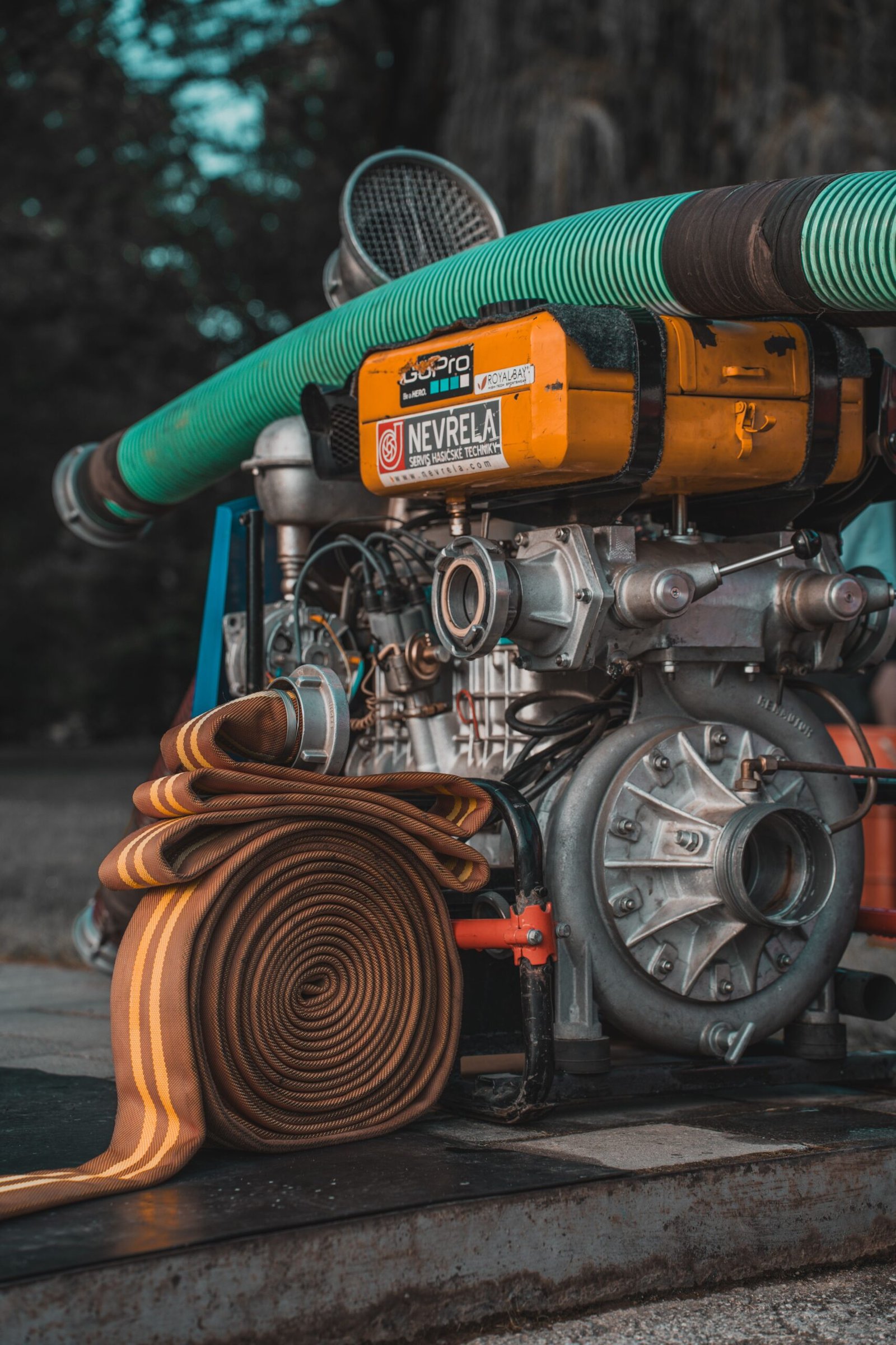 Industrial fire pump system with hoses and pumping equipment